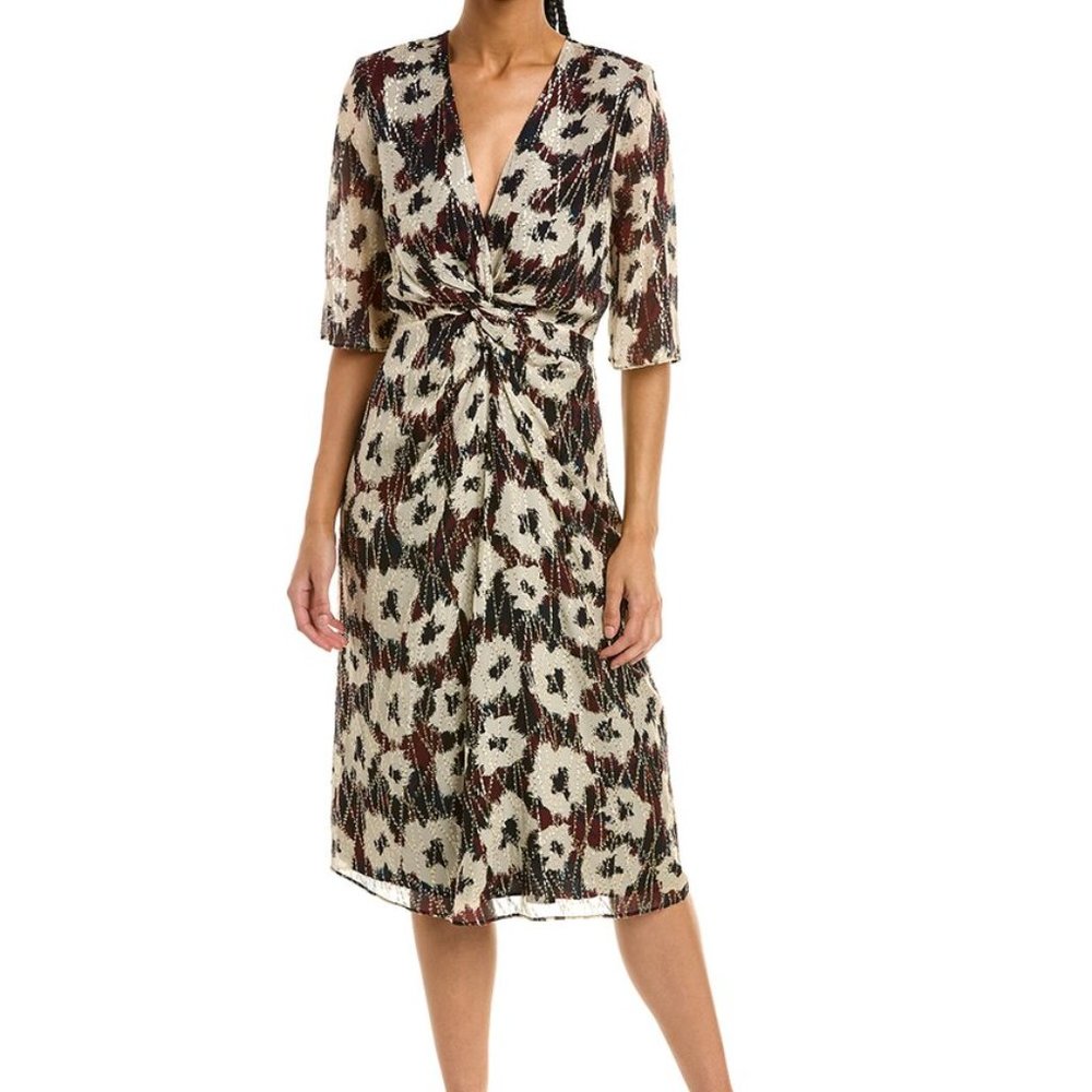 ba&sh Kaz Ecru Metallic Floral Print Midi Dress